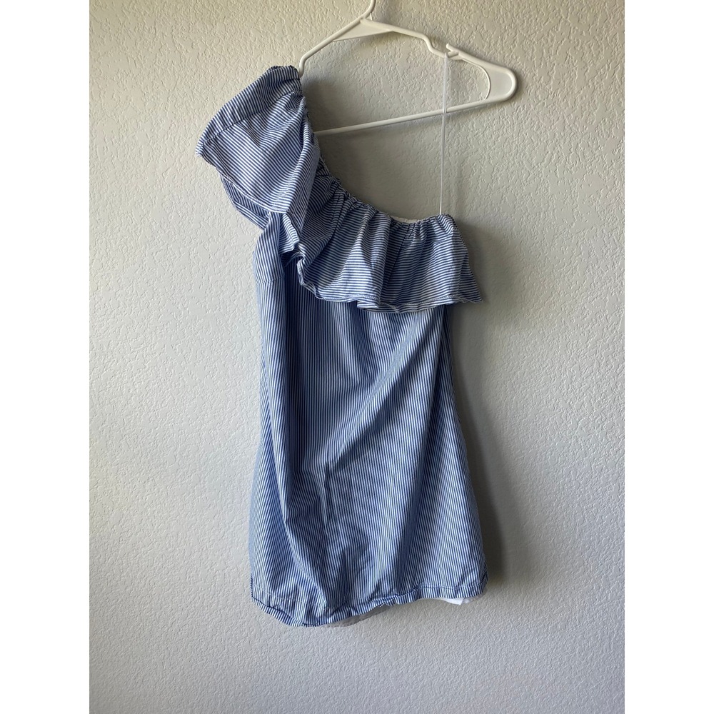 J. Crew Women Striped Seersucker One Shoulder Ruffle Dress Size S Blue White